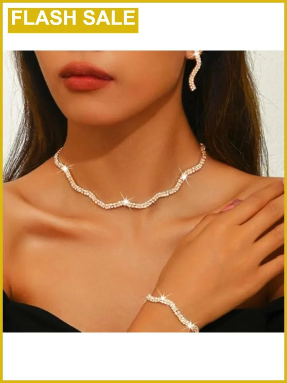Rhinestone Crystal Bridal Wedding Jewelry Set Choker Necklace Earrings Bracelet